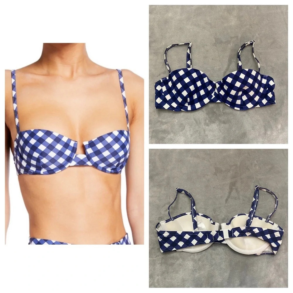 New! Onia gingham plaid underwire bikini top navy blue white 21519